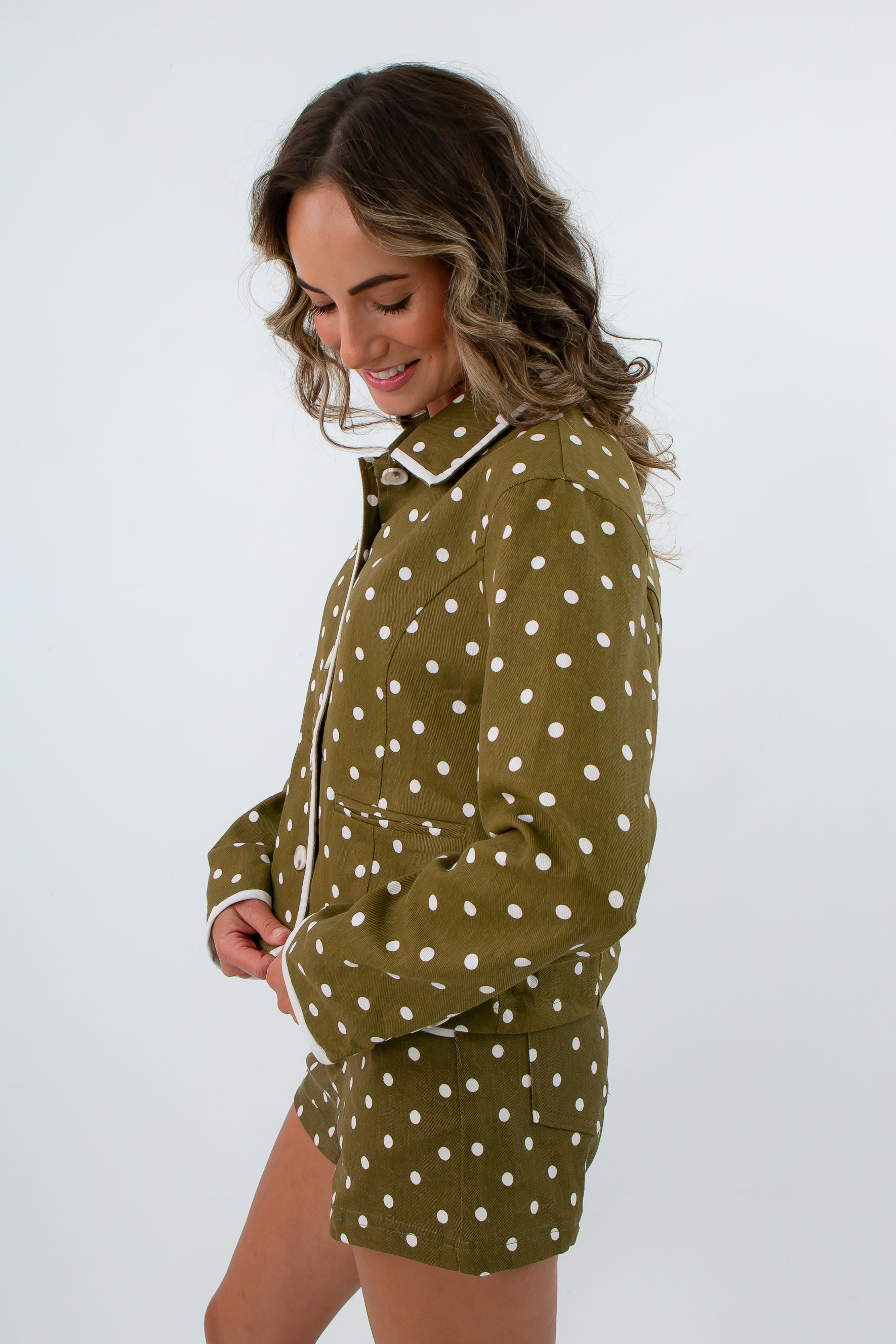 Stylish fall outerwear jacket with collar, green and white polka dot jacket, olive green jacket