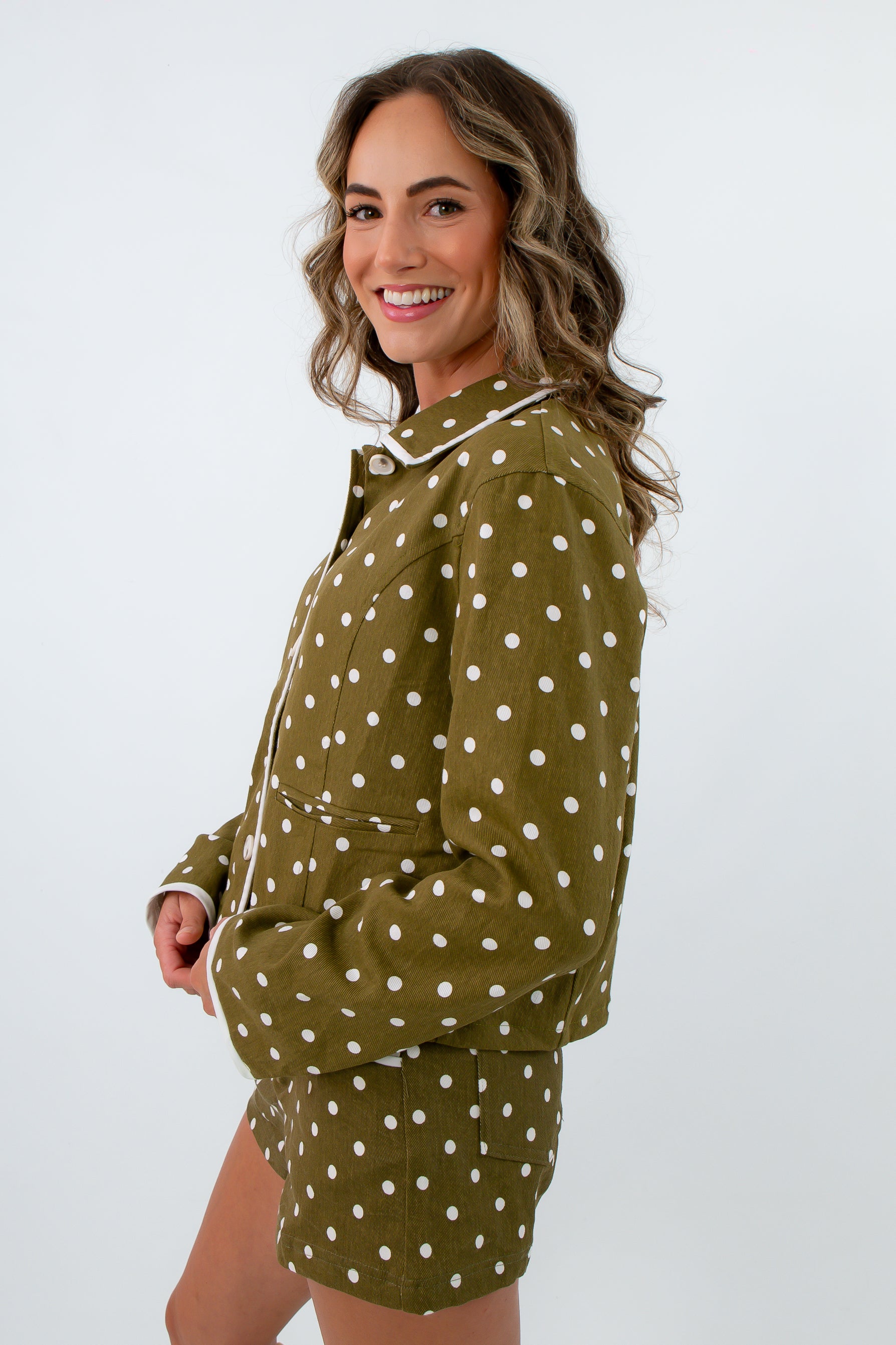 Olivia Green Polka Dot Jacket to wear with matching shorts, olive green and white jacket, green matching set, fall jackets