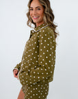 Olivia Green Polka Dot Jacket to wear with matching shorts, olive green and white jacket, green matching set, fall jackets
