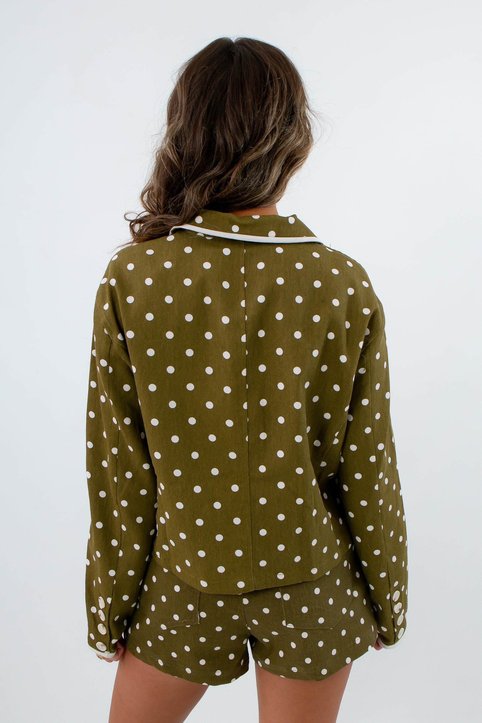 Lightweight Fall Jacket, lightweight green jacket, jacket with button front closure, polka dot jacket