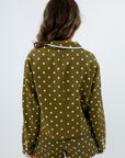 Lightweight Fall Jacket, lightweight green jacket, jacket with button front closure, polka dot jacket