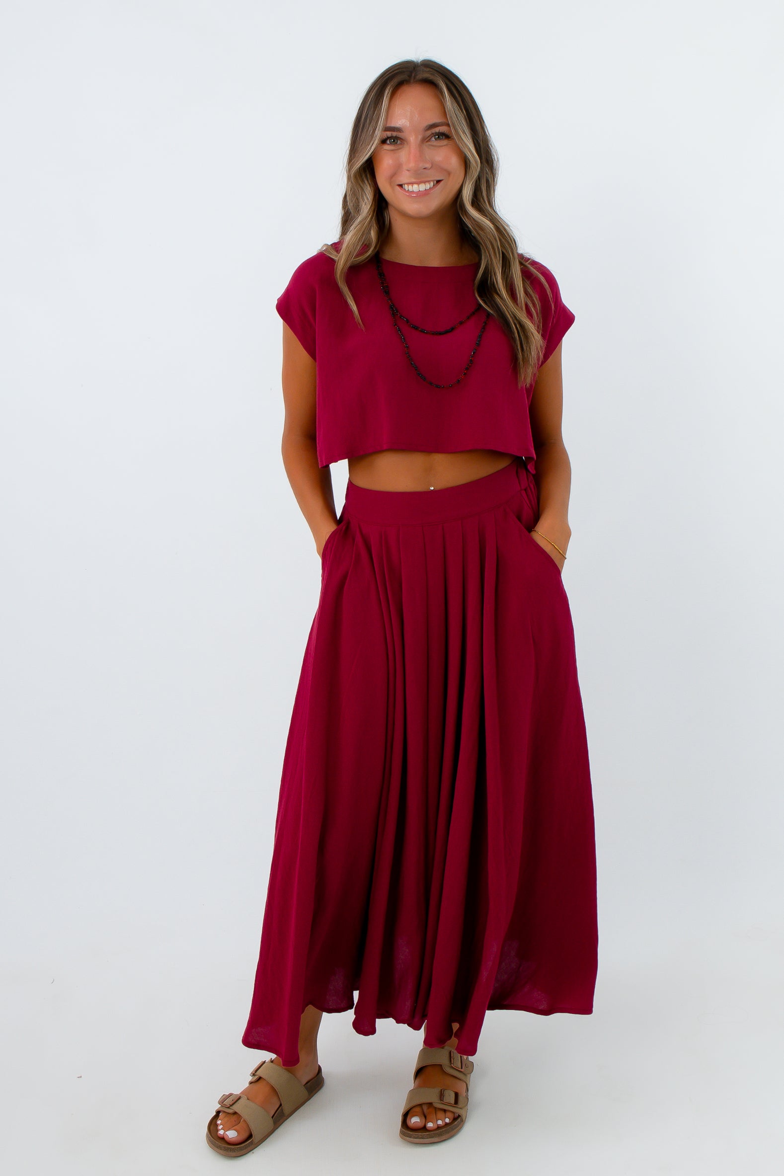 Burgundy midi skirt set with side pockets, university of south carolina game day outfit, university of alabama game day outfit
