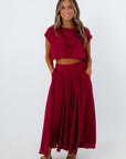 Burgundy midi skirt set with side pockets, university of south carolina game day outfit, university of alabama game day outfit