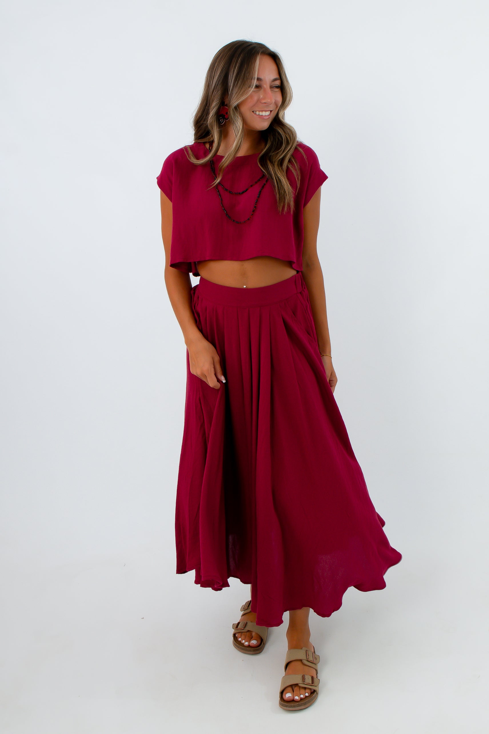 Pleated midi skirt and cropped tee matching set, red matching skirt set, burgundy matching skirt set, fall skirt sets