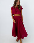 Pleated midi skirt and cropped tee matching set, red matching skirt set, burgundy matching skirt set, fall skirt sets