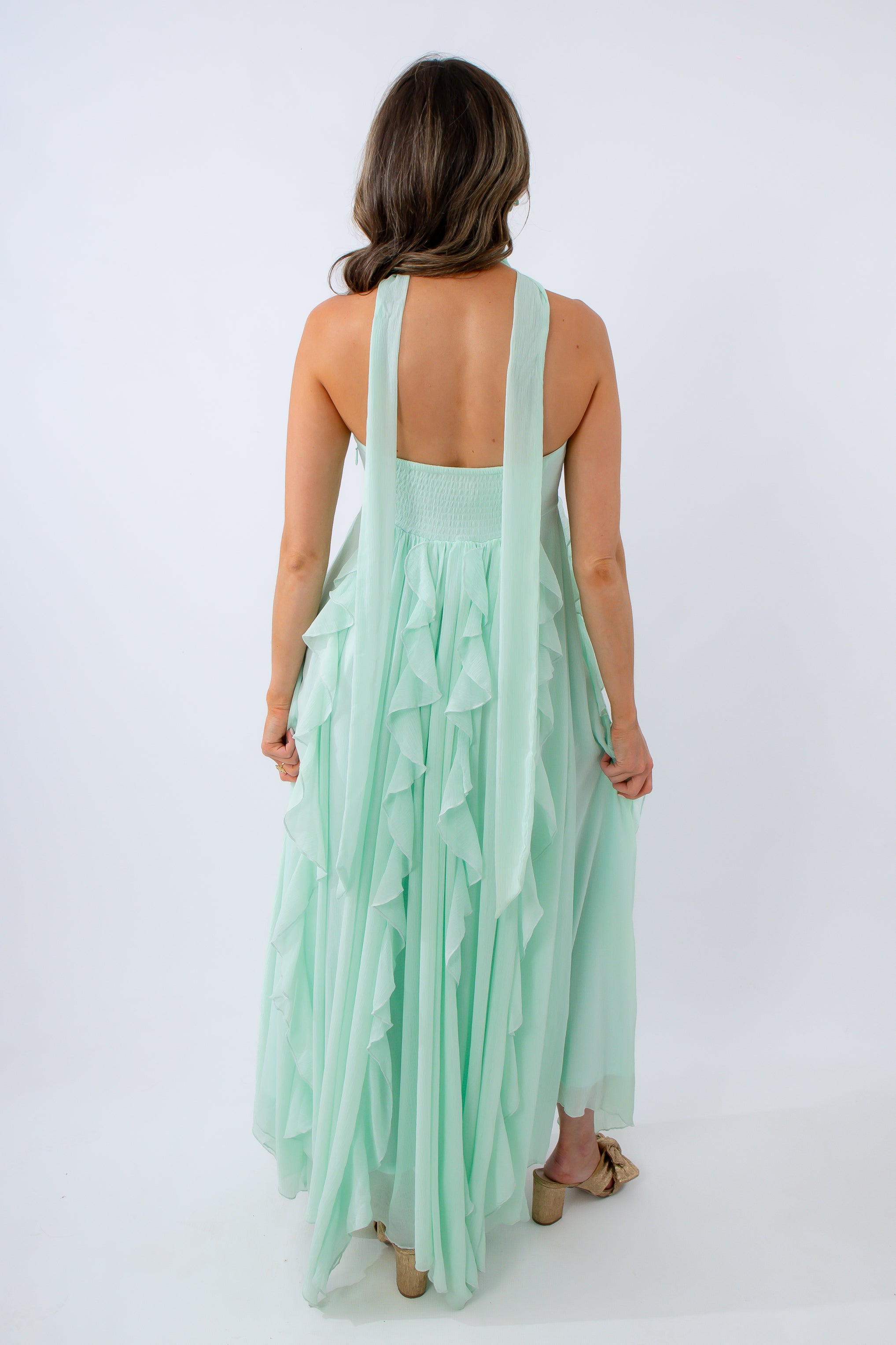 green mumu dress Faith Maxi Dress ~ Moss Green Luxe Satin XS