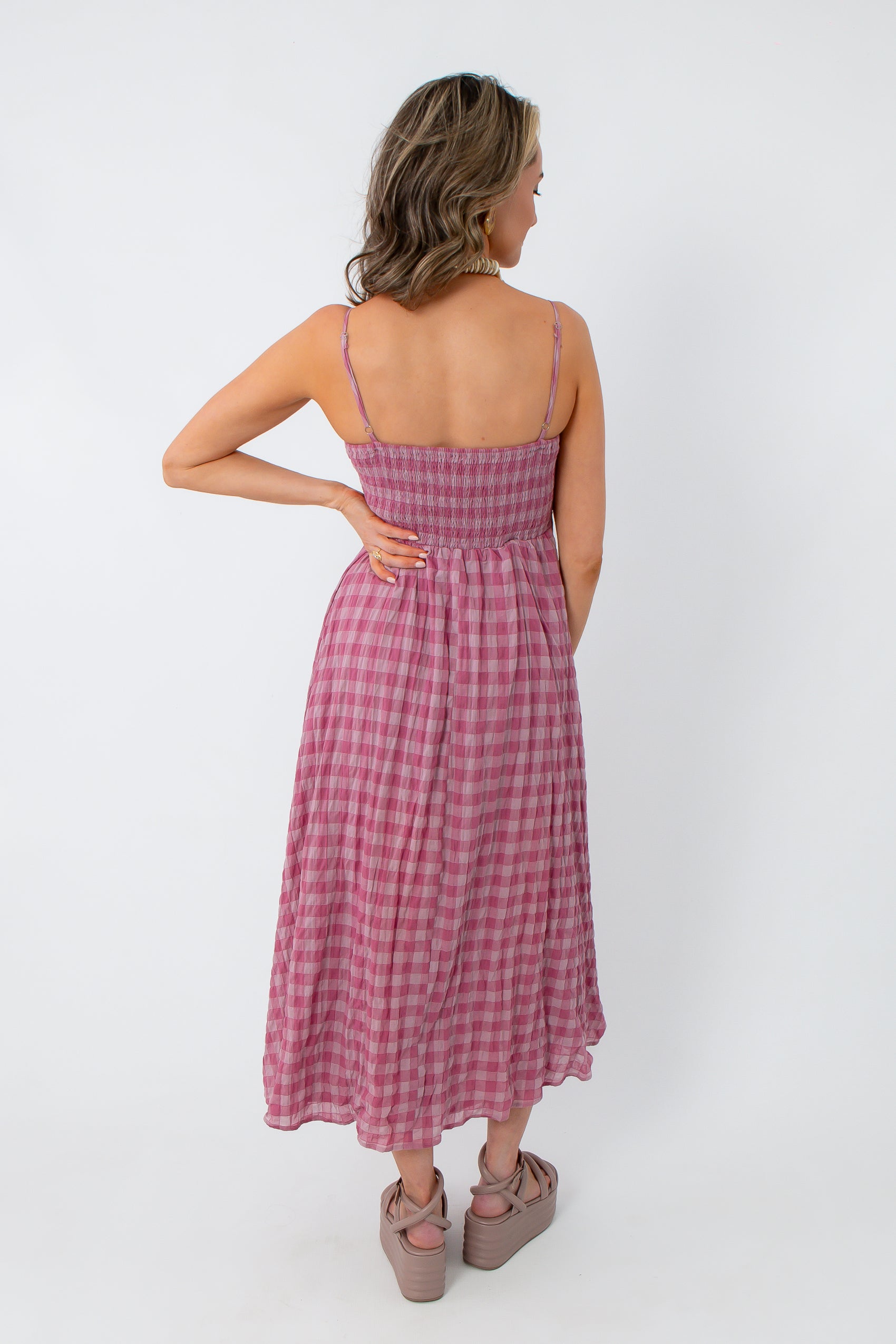 Pink gingham midi dress with spaghetti straps for spring and summer