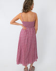 Pink gingham midi dress with spaghetti straps for spring and summer