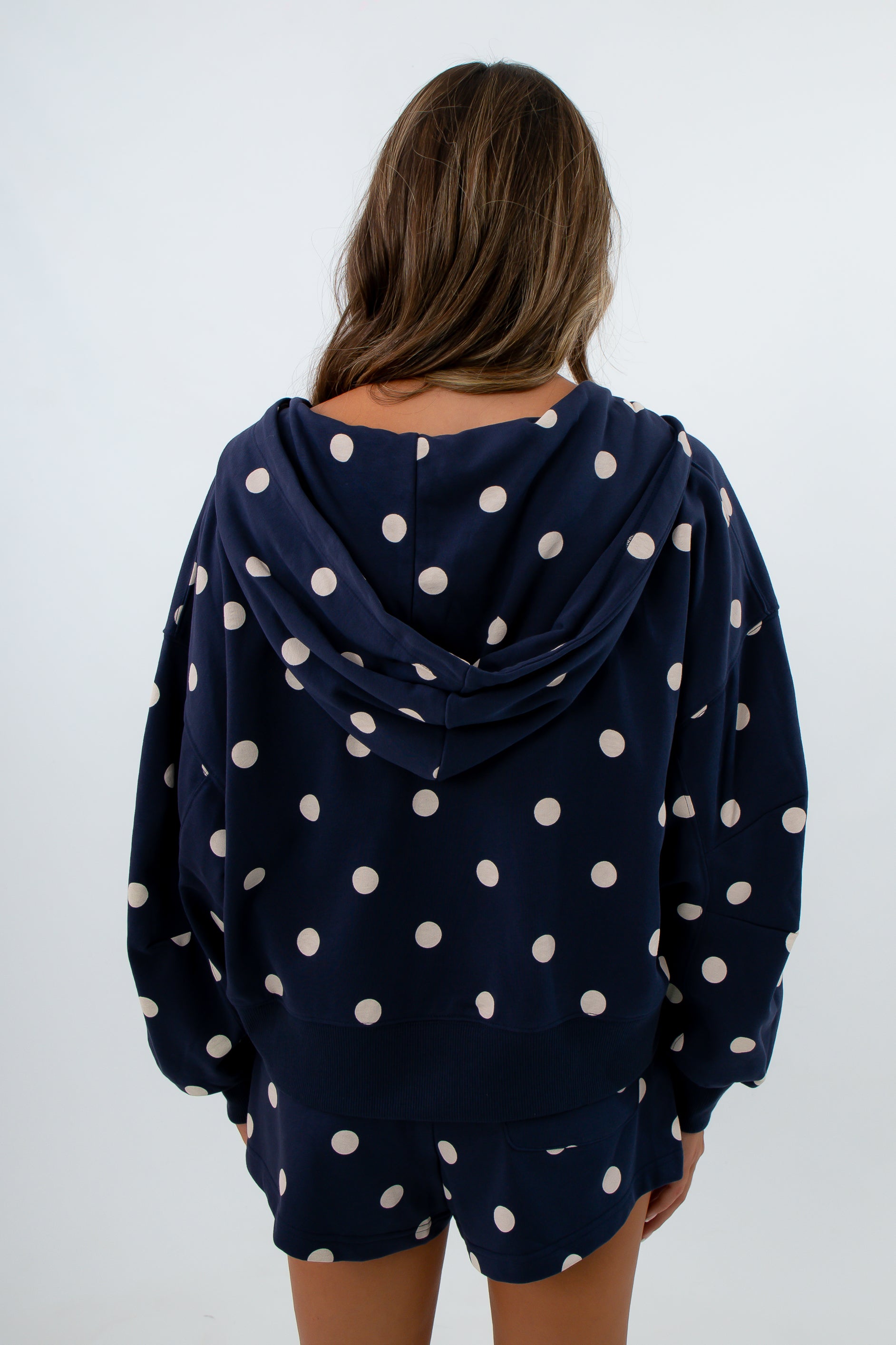 Spot On polka dot zip up hoodie perfect for casual wear, navy and white loungewear set, navy polka dot shorts set