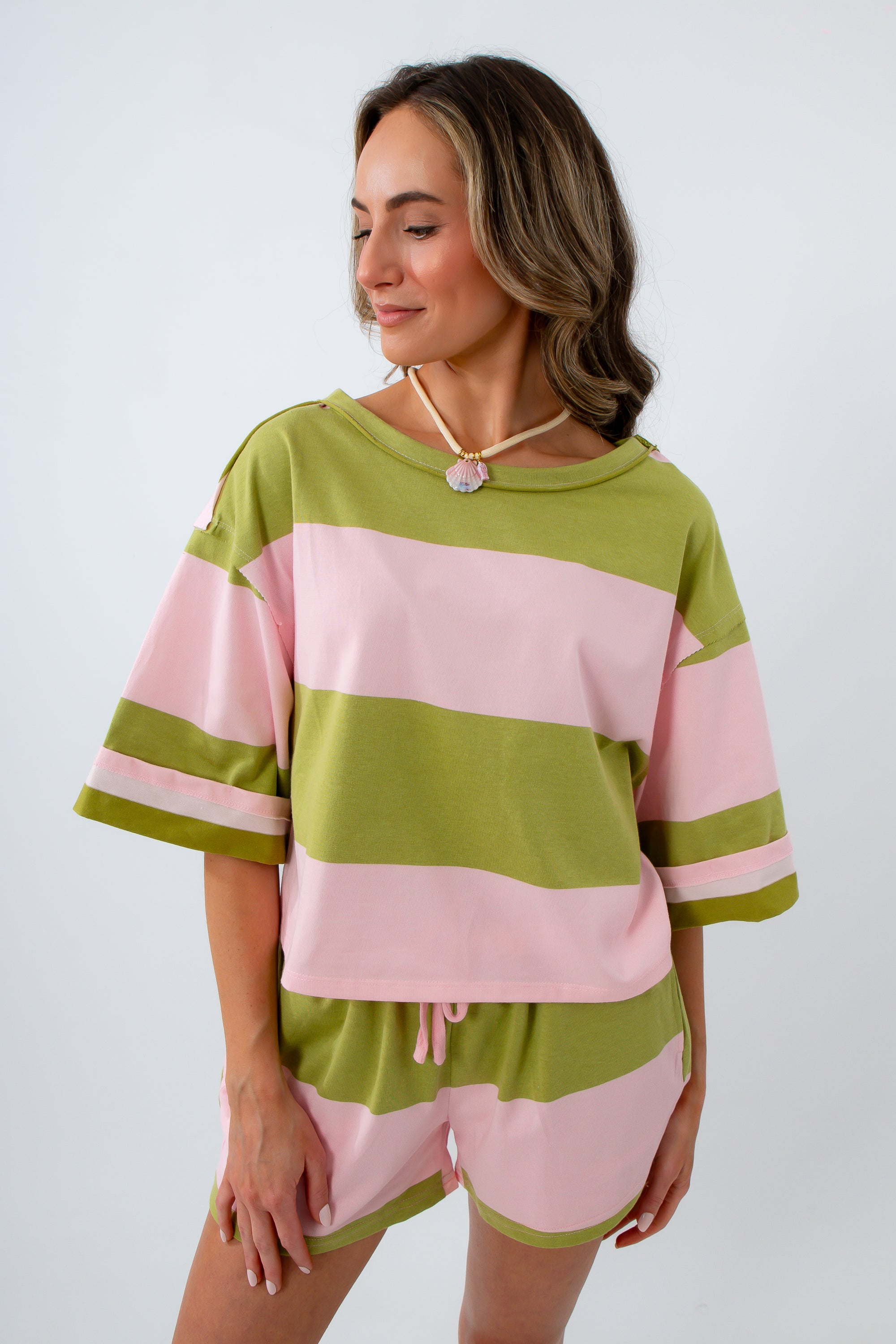 Lightweight pink and green boxy tee for summer