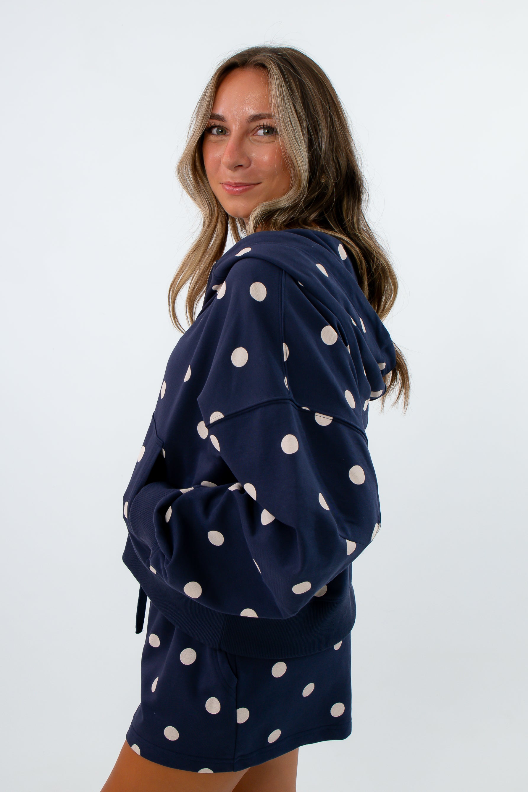 Matching navy polka dot loungewear set with shorts, navy and white loungewear set, navy and white shorts set