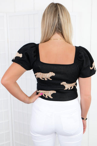 Wild One Tiger Black Cropped Sweater Top-Entro-L. Mae Boutique