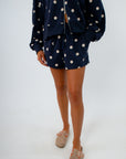 Navy and white polka dot comfy shorts with front and back pockets, navy polka dot matching shorts set