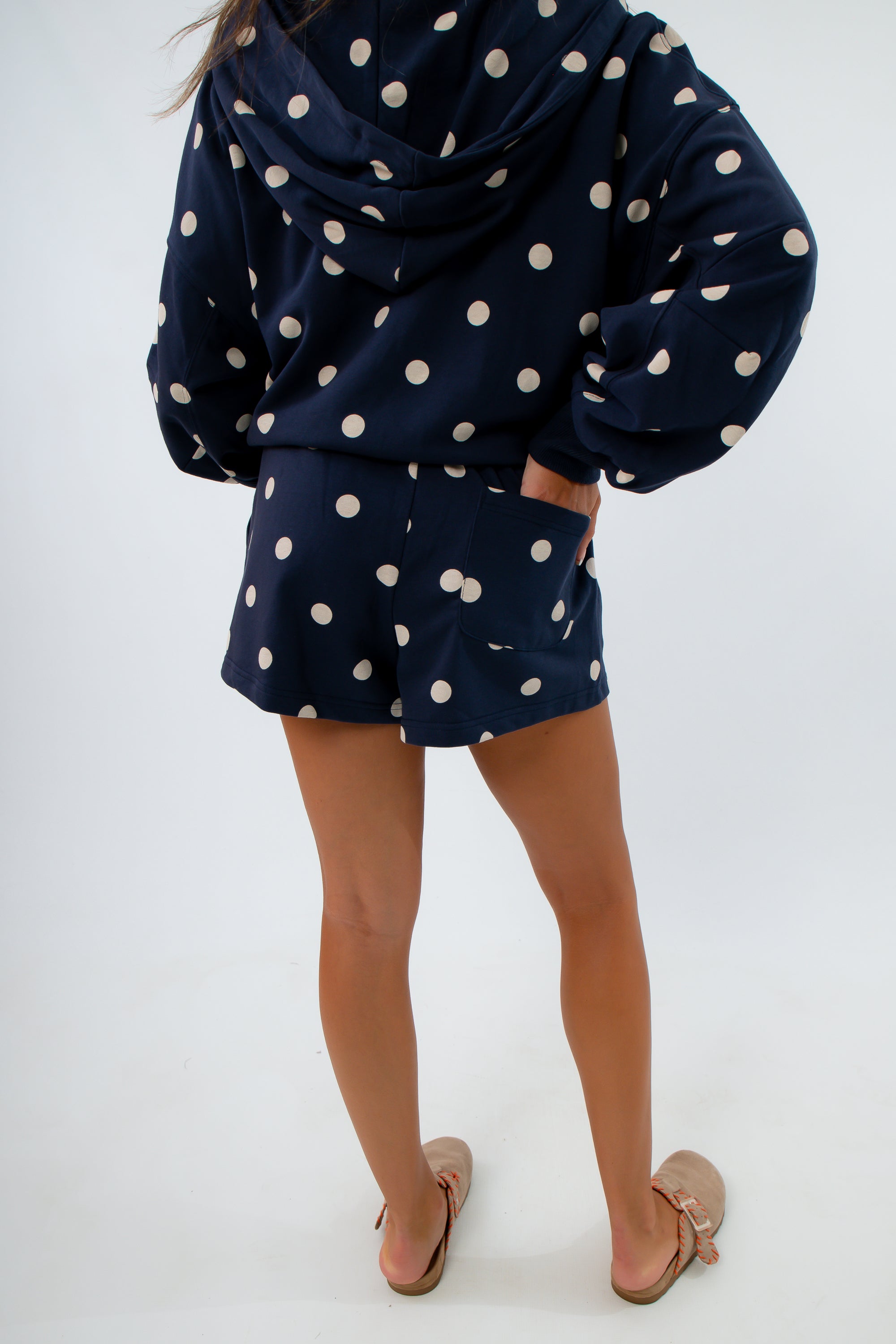 Casual polka dot shorts set ideal for lounging and casual outings, navy loungewear, polka dot loungewear