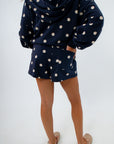 Casual polka dot shorts set ideal for lounging and casual outings, navy loungewear, polka dot loungewear