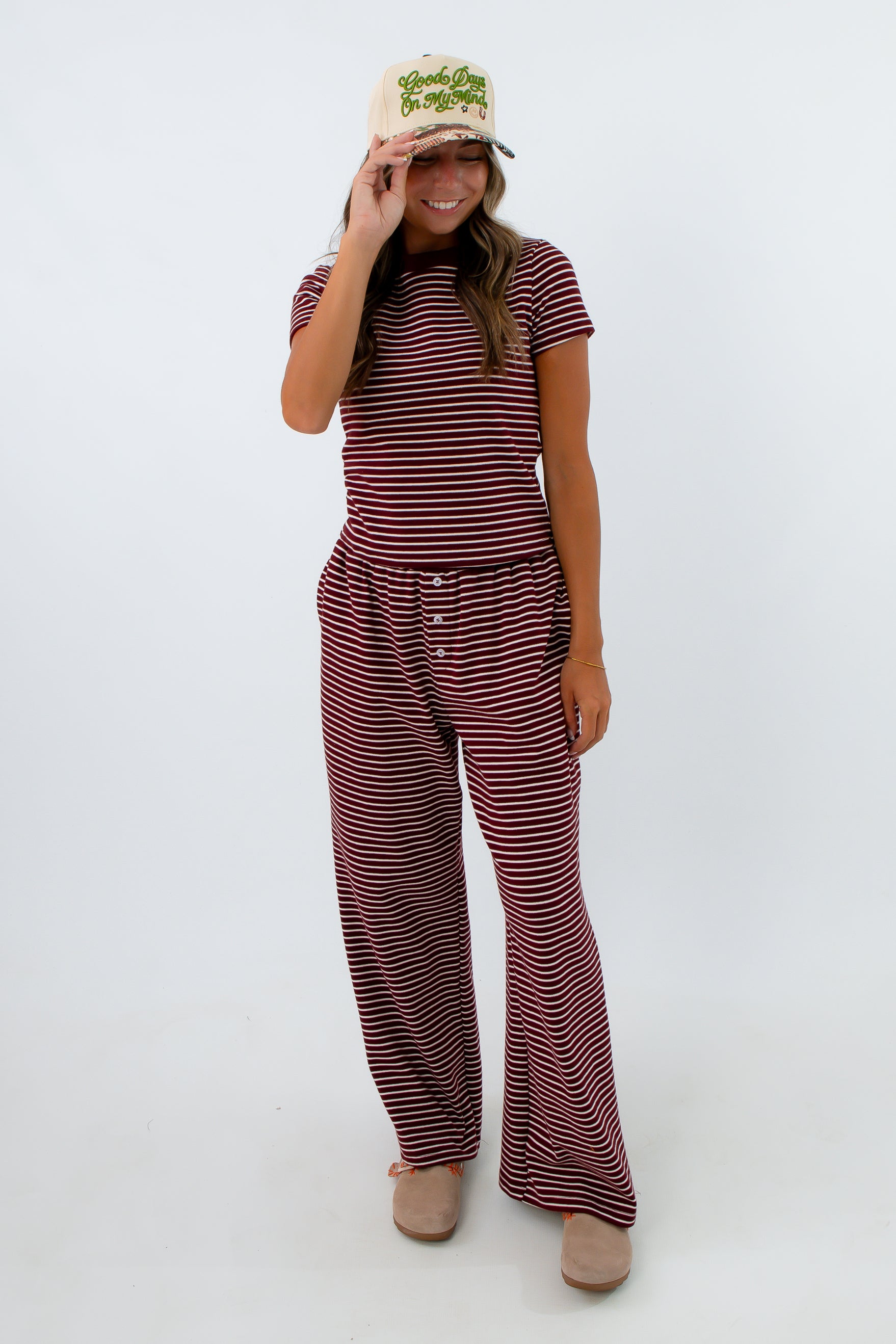 Matching burgundy striped lounge set, burgundy and white striped t shirt, burgundy and white striped loungewear set