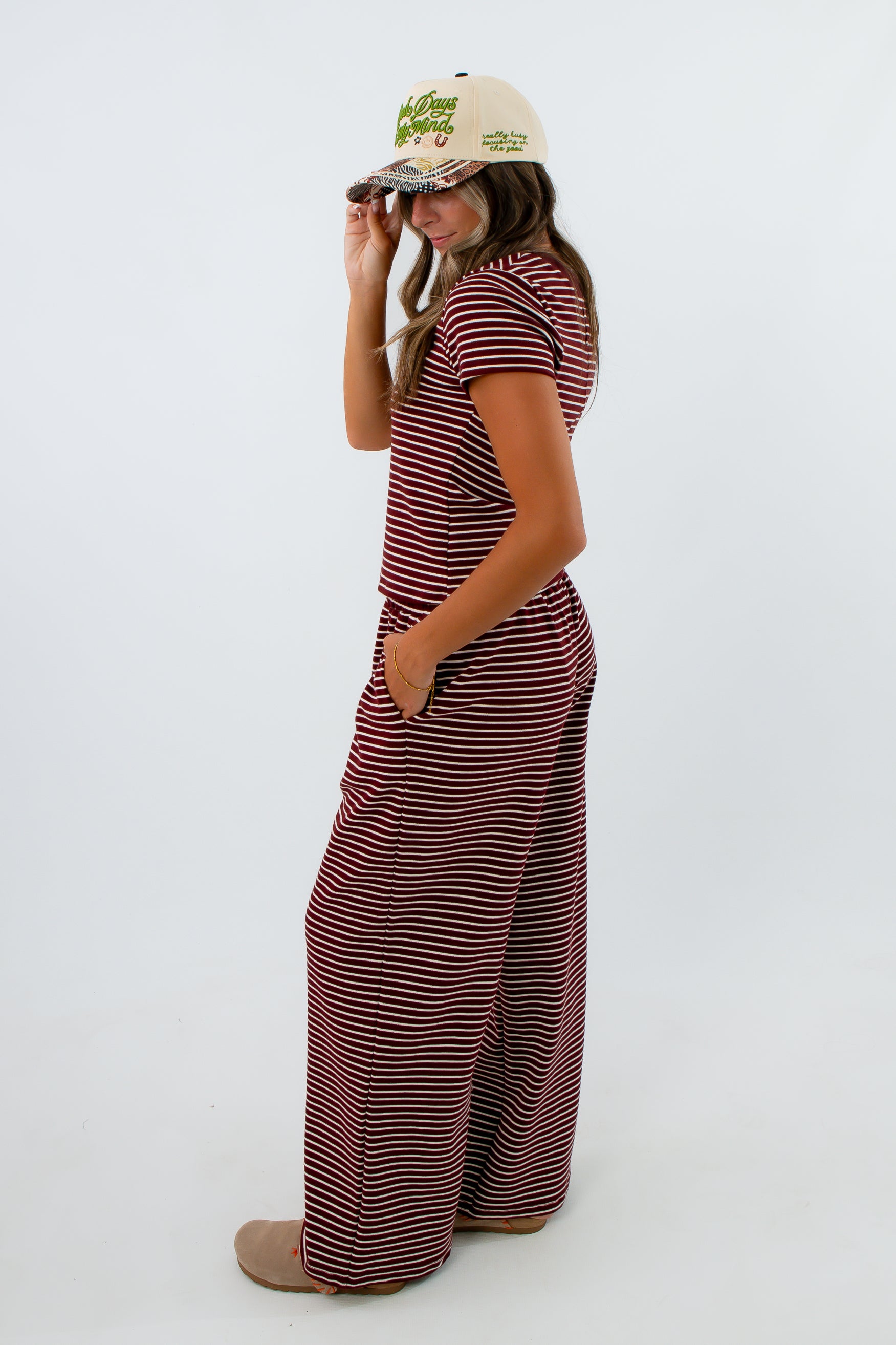 Long Weekend Burgundy Stripe Knit Pants with elastic waistband paired with matching short sleeve tee, striped matching set