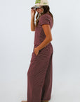 Long Weekend Burgundy Stripe Knit Pants with elastic waistband paired with matching short sleeve tee, striped matching set