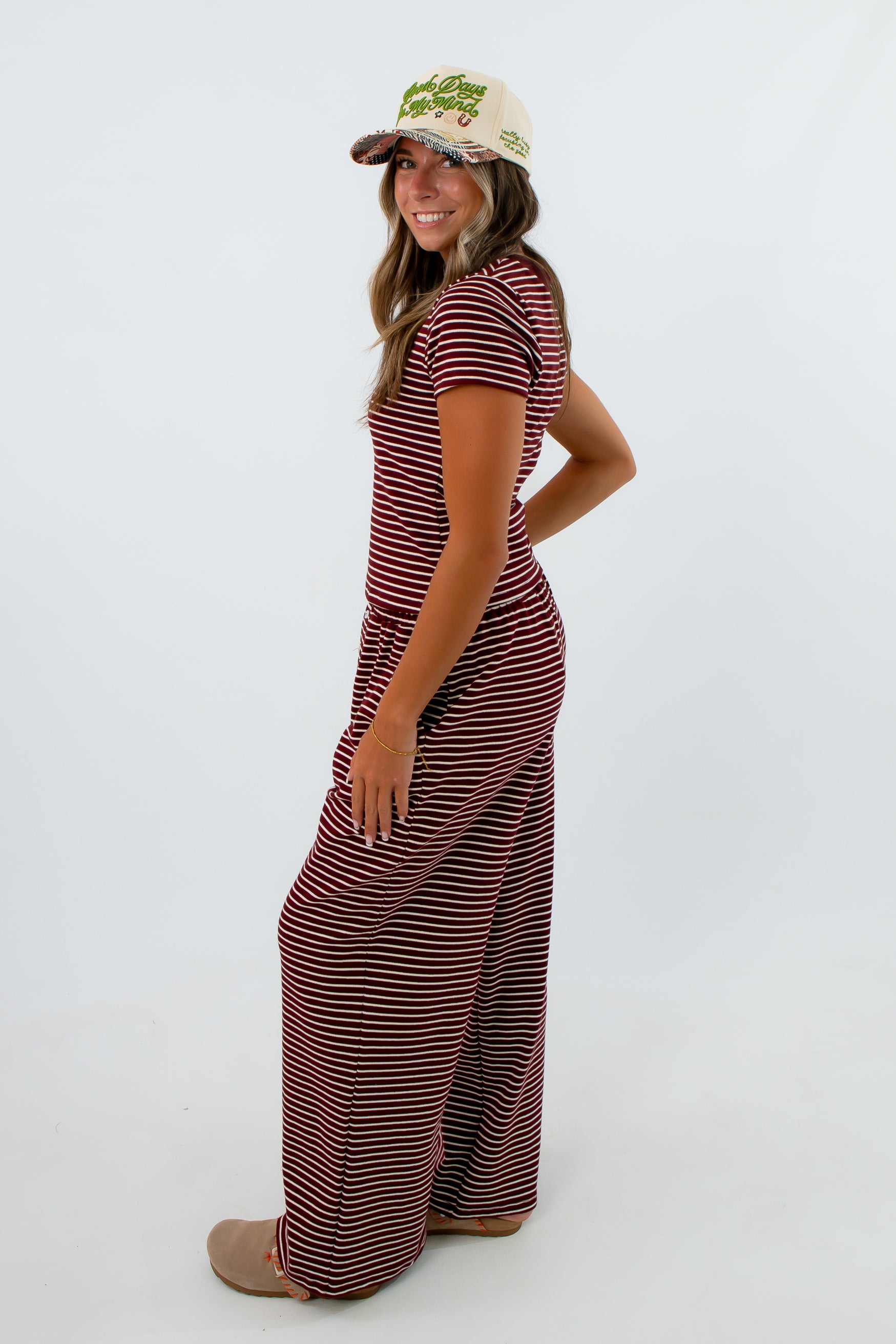 Burgundy and white striped knit tee with ribbed neckline paired with matching striped lounge pants, striped matching set