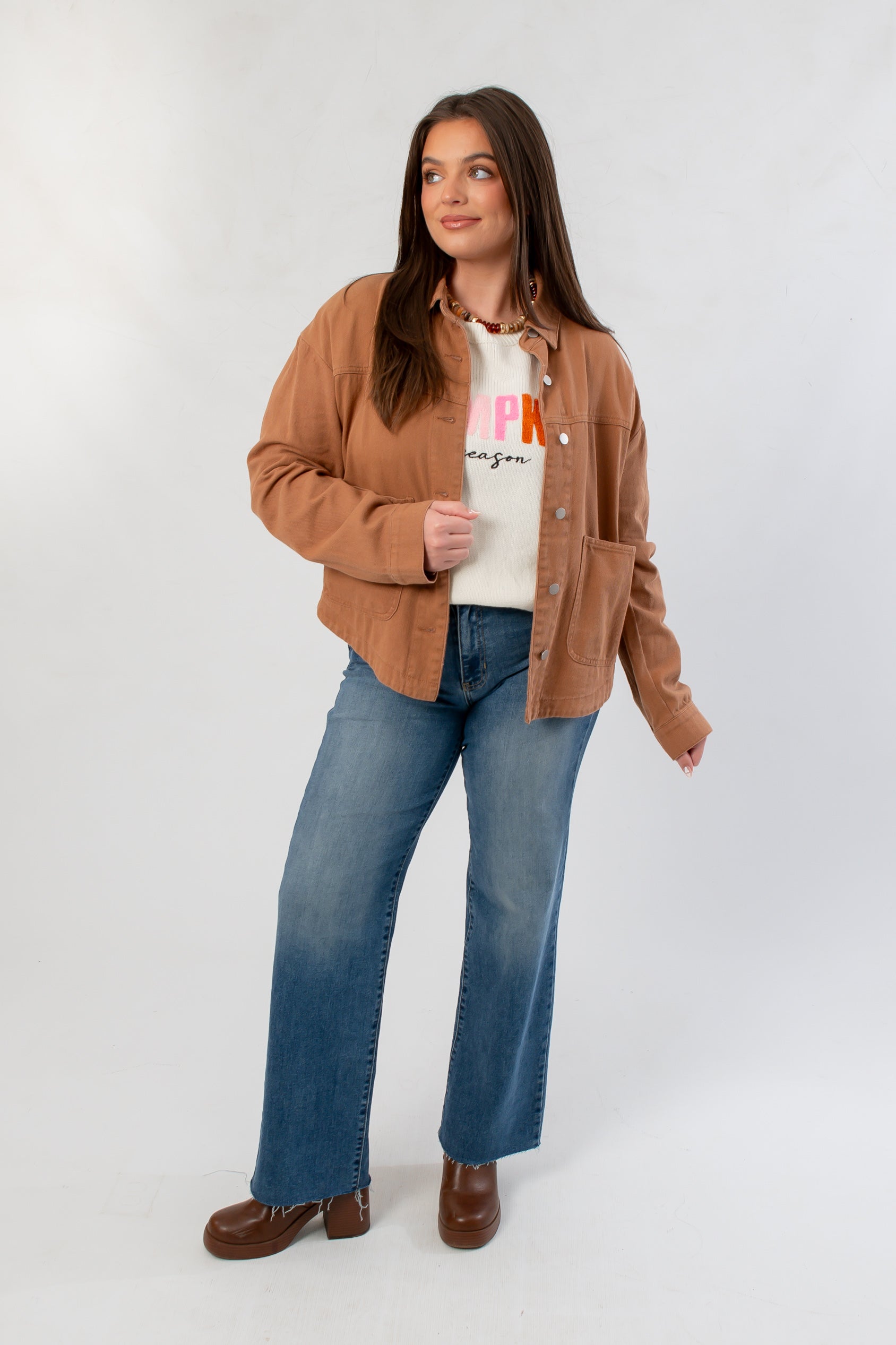 Oversized Vintage Camel Twill Utility Jacket paired with jeans and boots, ideal for neutral-toned fall outerwear looks.