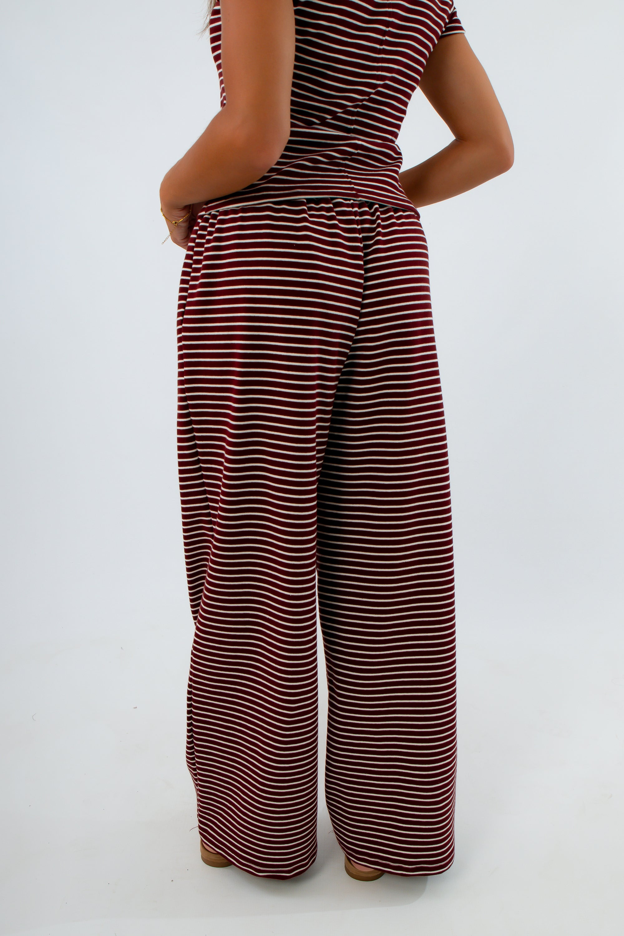 Relaxed fit wide leg burgundy loungewear pants, burgundy sweatpants, burgundy and white striped pants, striped sweatpants