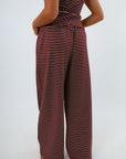 Relaxed fit wide leg burgundy loungewear pants, burgundy sweatpants, burgundy and white striped pants, striped sweatpants