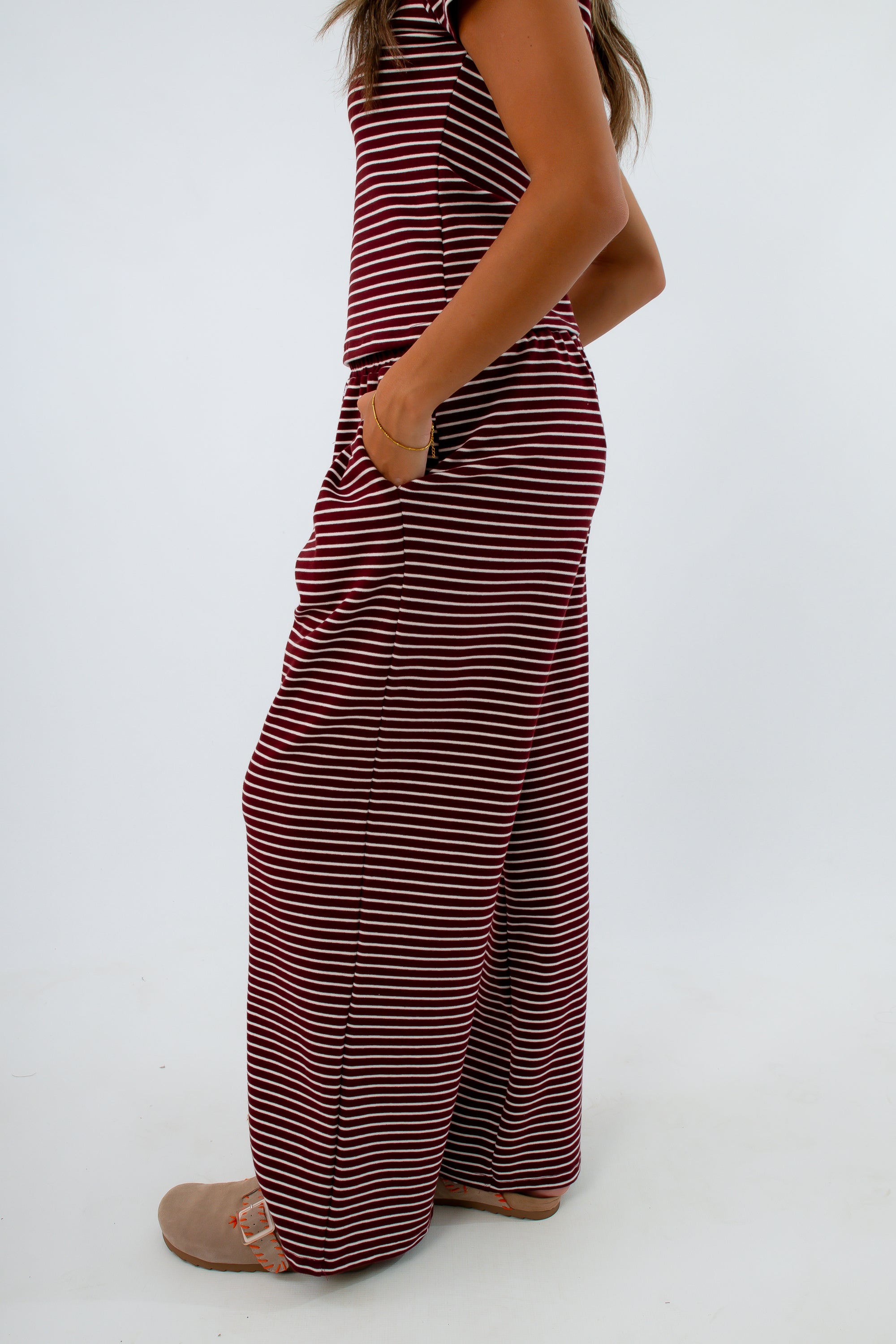 Burgundy and white striped lounge pants set, striped matching set, striped loungewear set, cozy fall set
