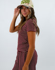 Long Weekend Burgundy Stripe Knit Short Sleeve Tee