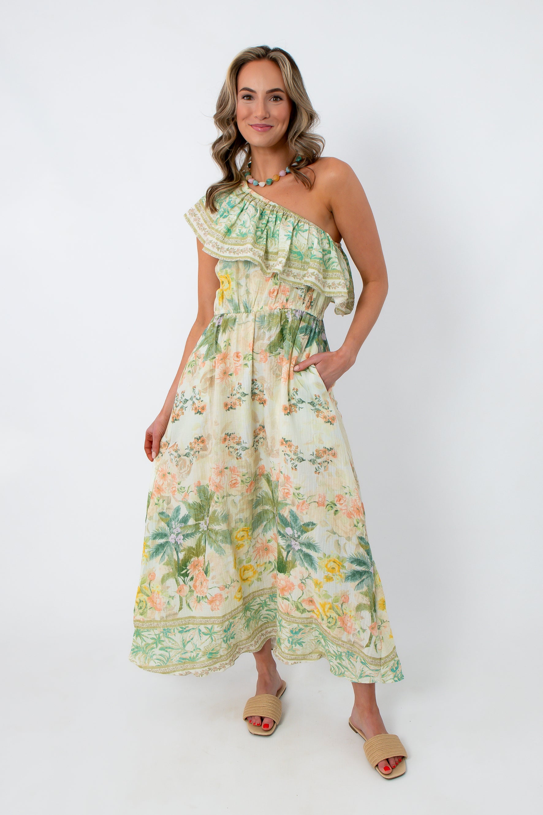 Tropical garden one-shoulder midi dress with palm print and ruffle detail