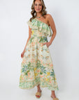 Tropical garden one-shoulder midi dress with palm print and ruffle detail