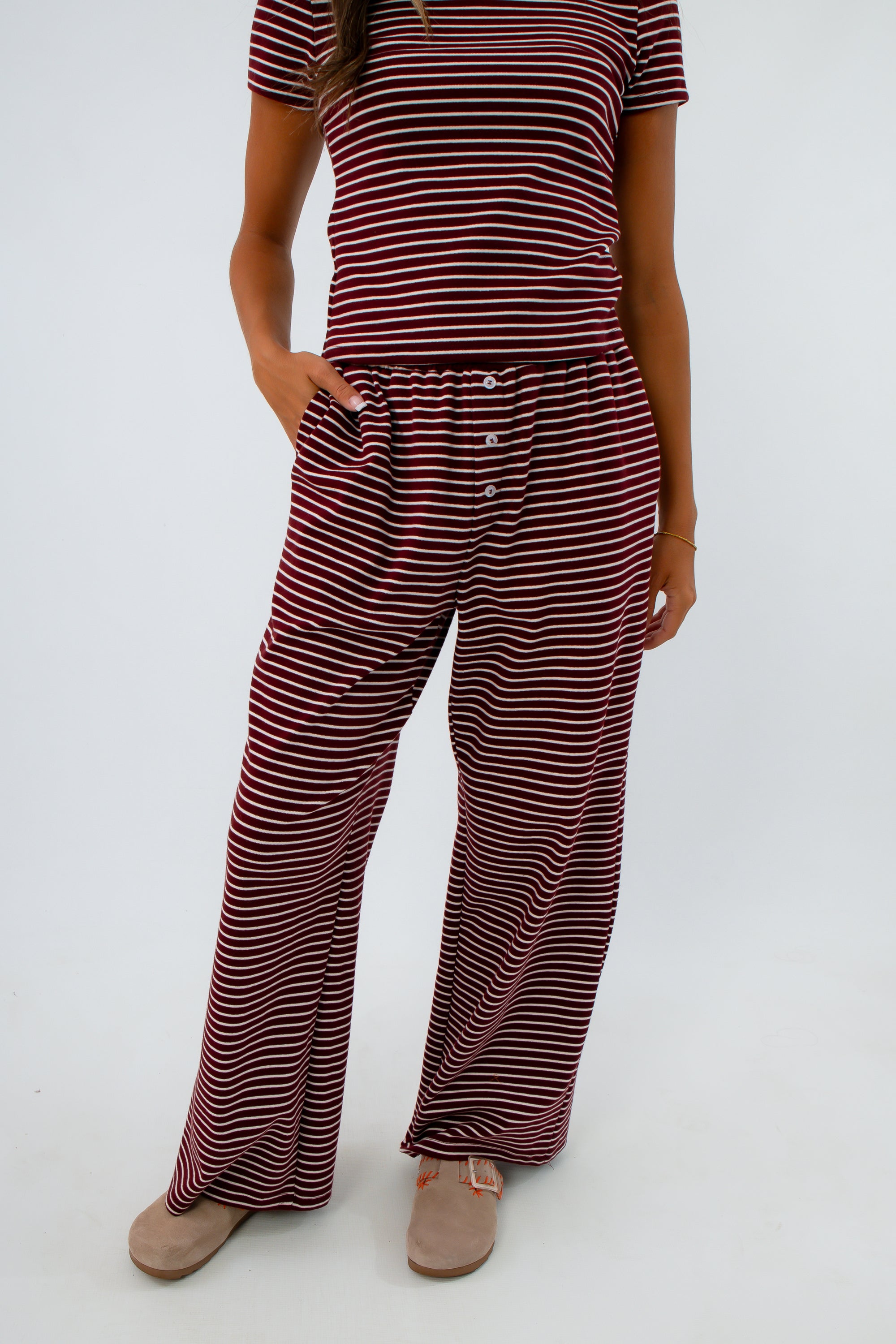 Long Weekend Burgundy Stripe Knit Pants