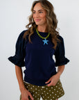 Uptown Girl Dark Denim Puff Sleeve Sweatshirt