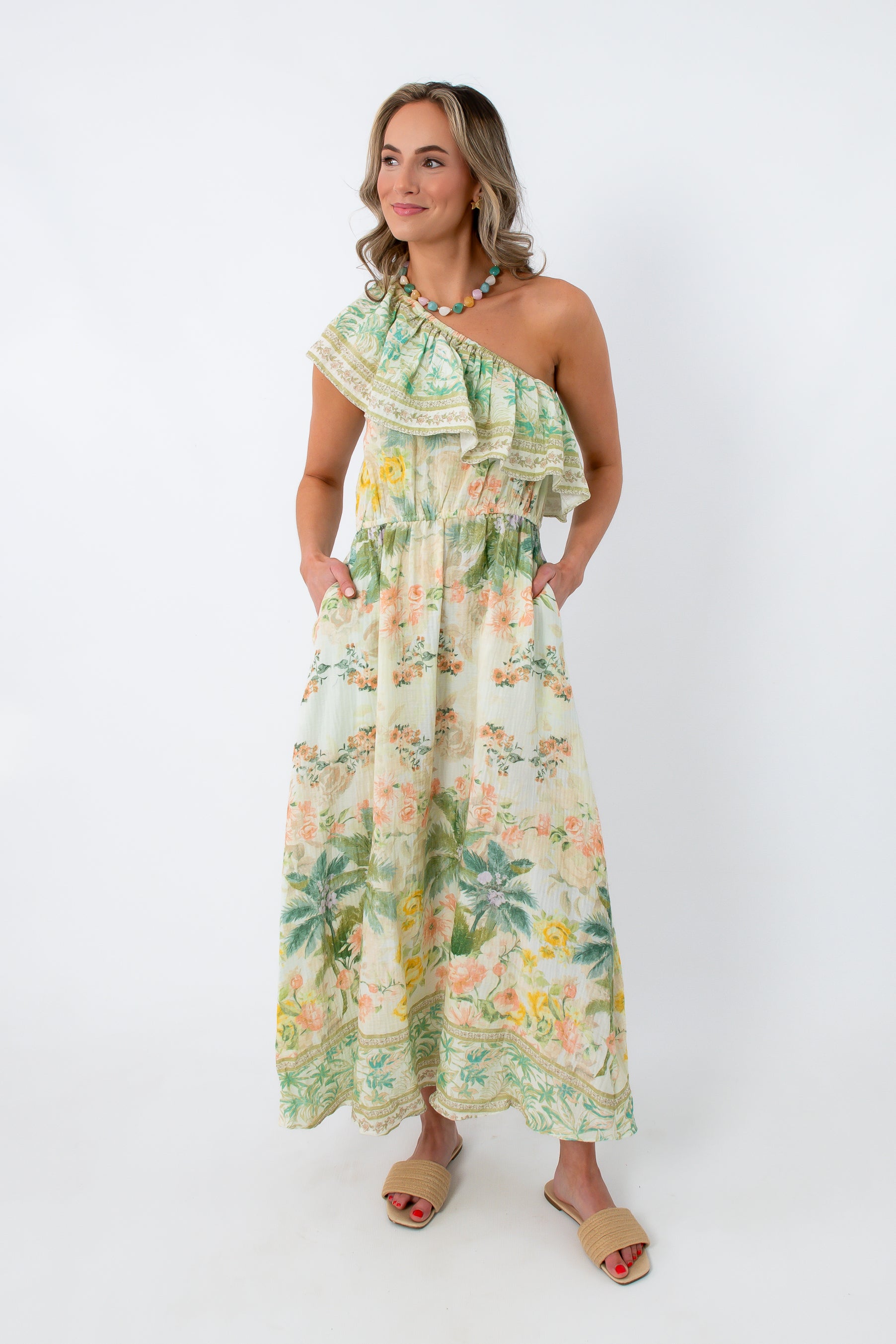 Full-length tropical print midi dress with one-shoulder ruffle design