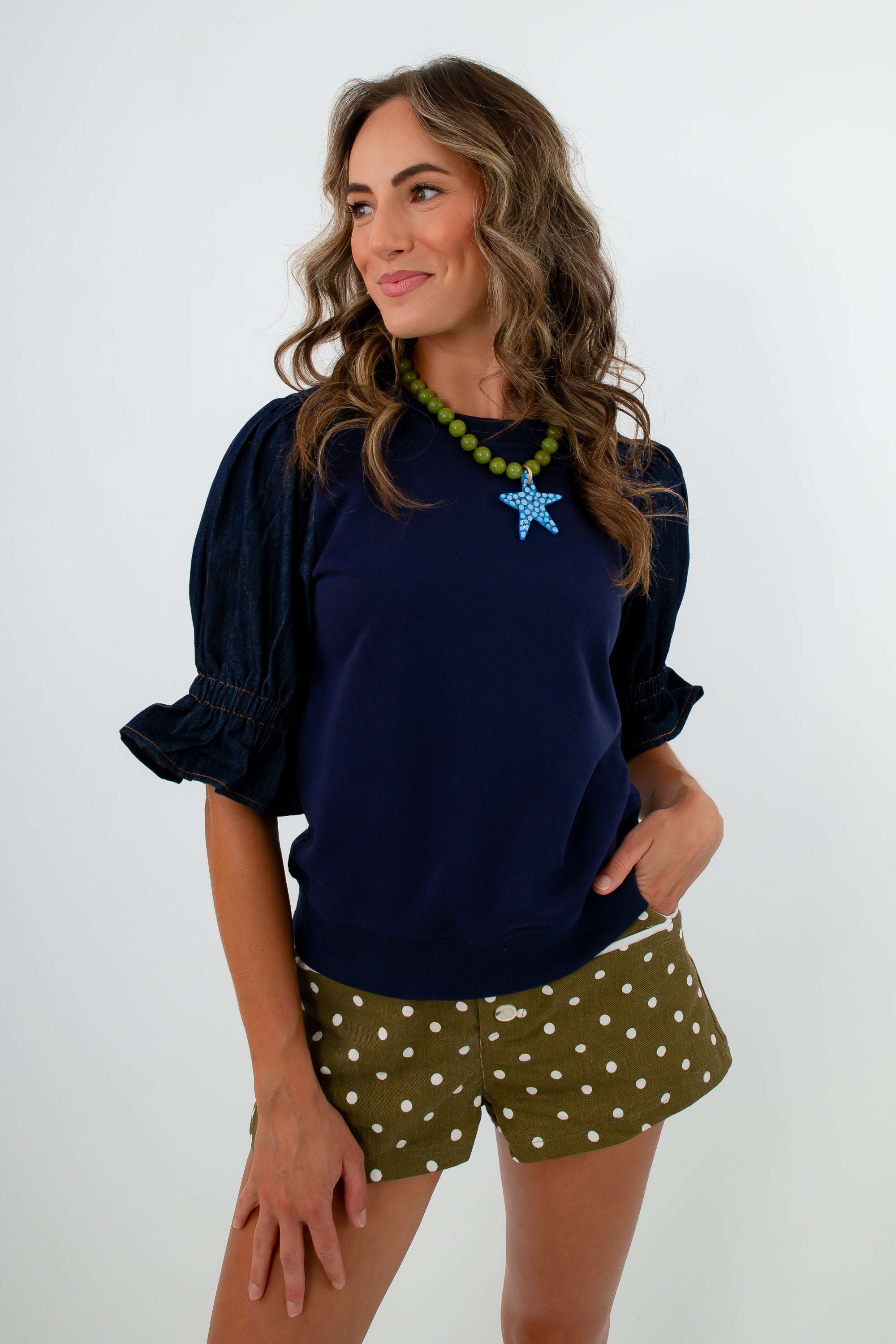 Uptown Girl Dark Denim Puff Sleeve Sweatshirt blouse with statement ruffles sleeves, comfy navy blouse, comfy navy top, comfy fall workwear