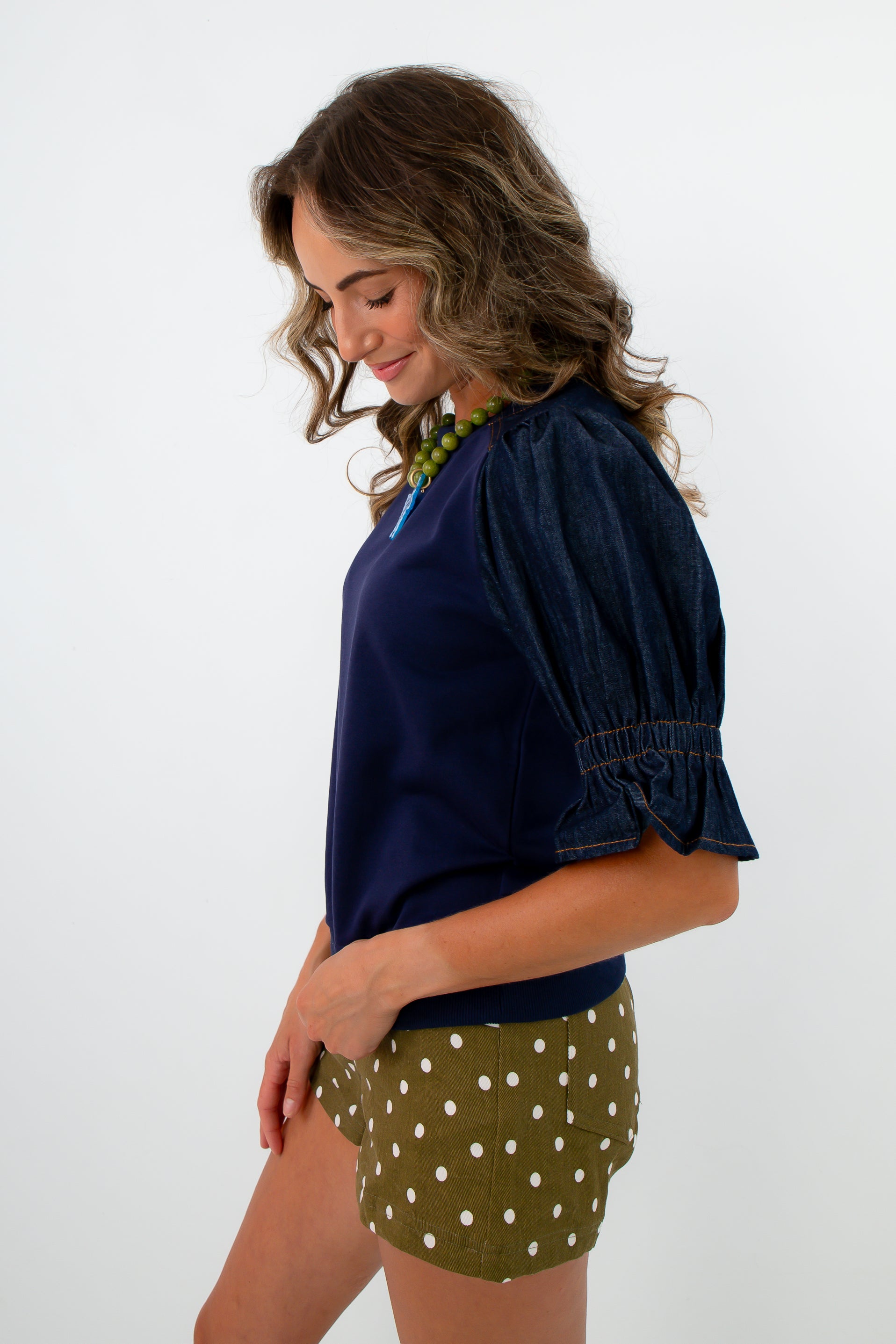Navy blouse with puff sleeves for fall workwear, navy blouse with denim sleeve details