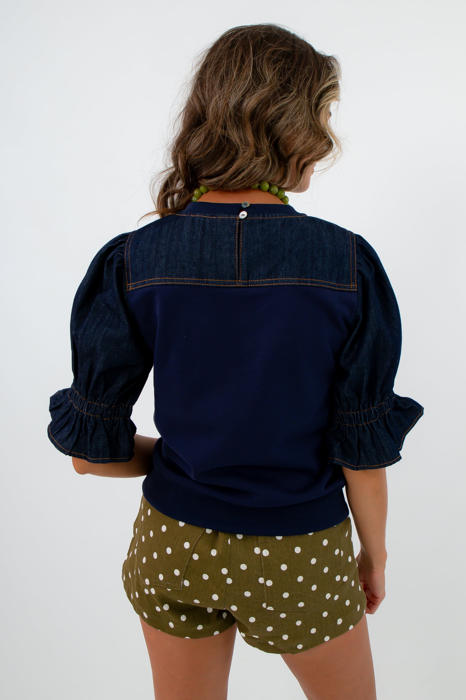 Elevated casual fit denim sweatshirt-style blouse, sweatshirt material blouse, navy workwear, fall workwear, navy blouse