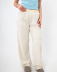 Cozy Knit Layover Luxe Ivory & Blue Stripe Fleece Pants featuring breathable fleece and timeless horizontal stripes for everyday comfort.