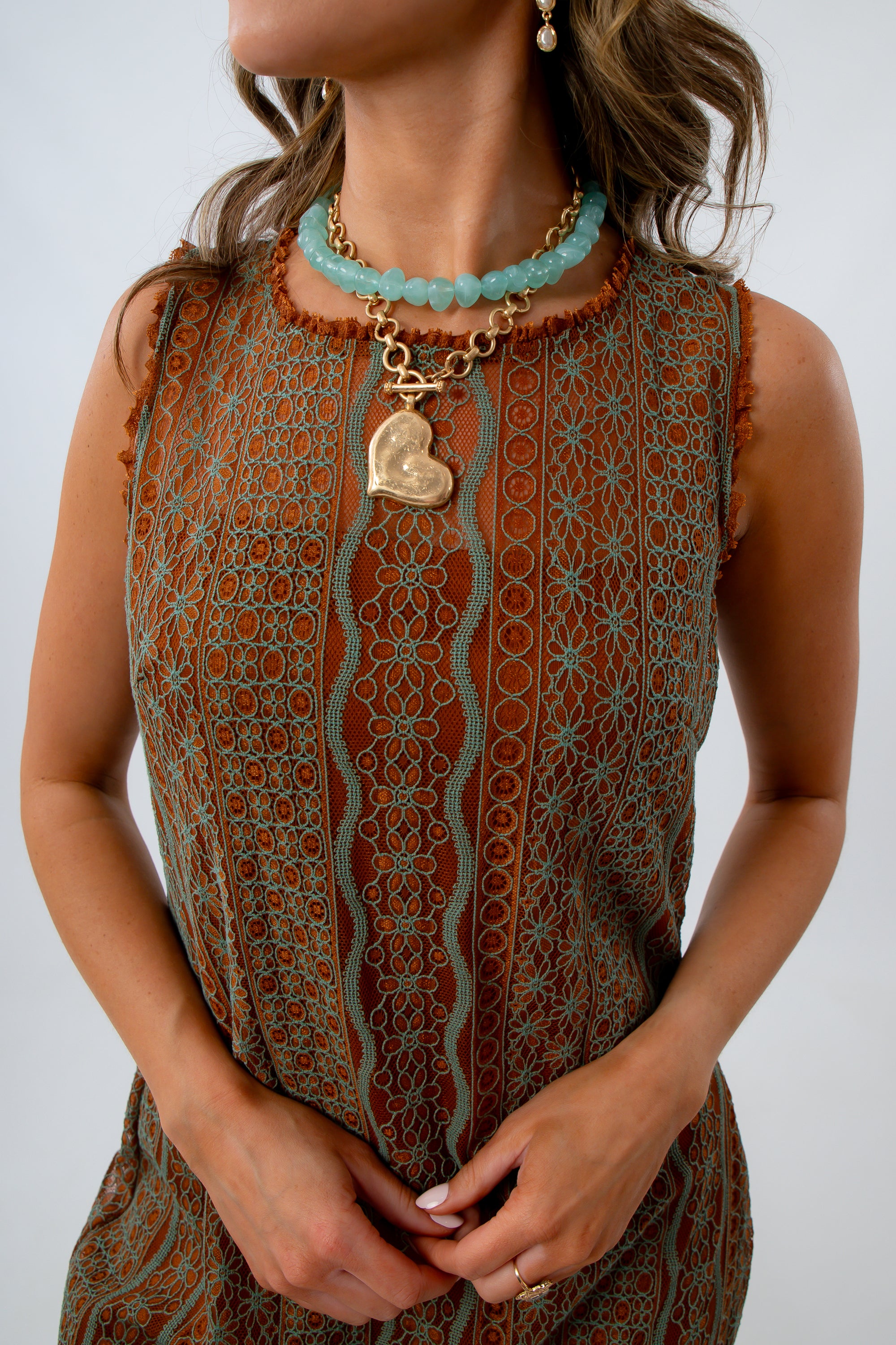 Mesh Maxi Dress with teal accessories