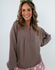 Brown quarter zip pullover for fall loungewear, Taupe quarter zip pullover for fall loungewear quarter zip with shawl collar