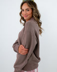 On The Go Mocha Shawl Collar Quarterzip with ribbed detailing, taupe pullover, taupe quarterzip, fall loungewear