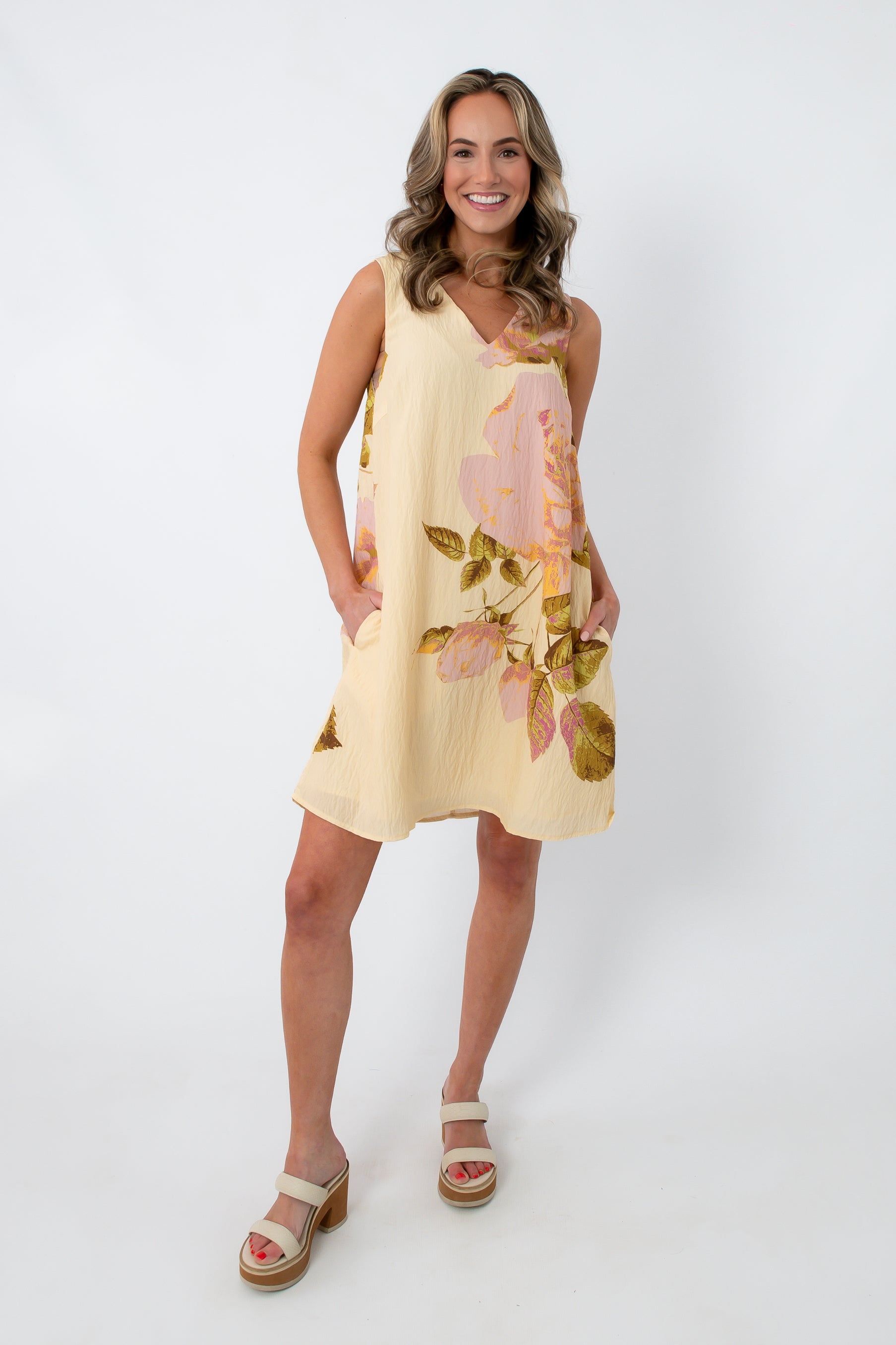Enchanted Rose Floral Mini Shift Dress in butter cream with pink floral print, pockets, casual spring wedding dress