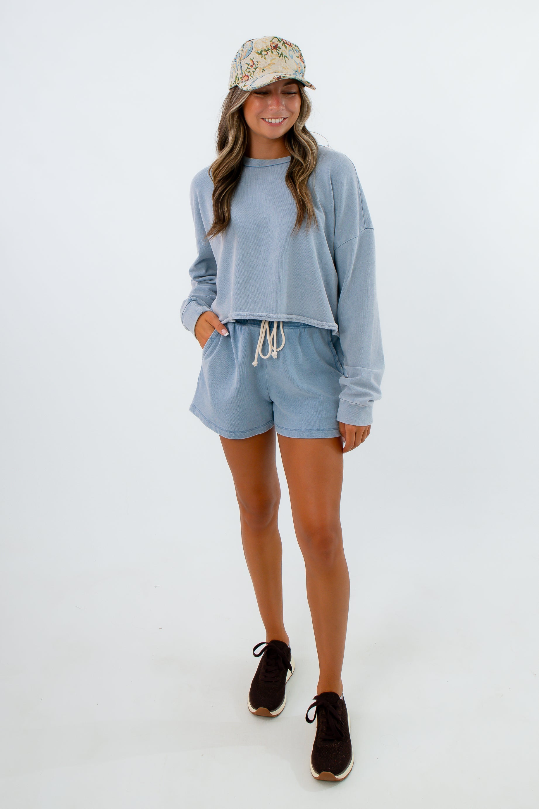 Z Supply Ocean Air Indigo Hunter Knit Shorts with matching sweatshirt, blue matching shorts set, blue loungewear set
