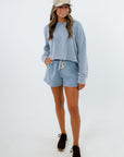 Z Supply Ocean Air Indigo Hunter Knit Shorts with matching sweatshirt, blue matching shorts set, blue loungewear set
