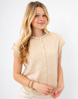 Piper Natural Short Sleeve Cardigan - lightweight tan knit cardigan with button front, perfect for everyday comfort and neutral layering.