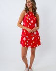 red beach print mini dress with seashells and oysters