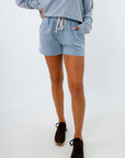 Blue matching shorts set with drawstring waist and front pockets, blue sweat shorts with pockets