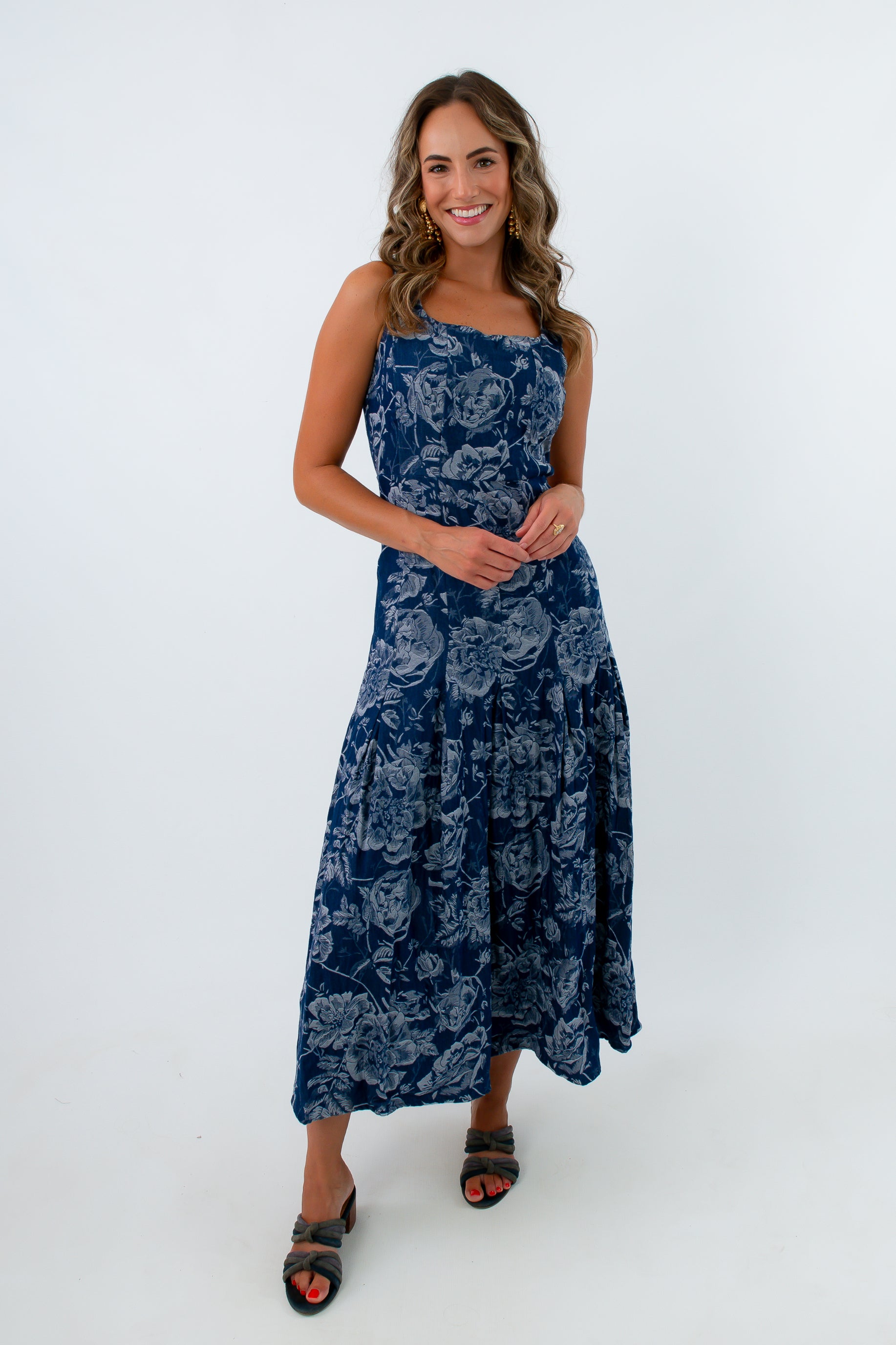 Vintage Blooms Denim Midi Dress
