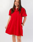 Eloise Red Crepe Button Mini Dress with short puff sleeves and front buttons, perfect for holiday parties and festive occasions.