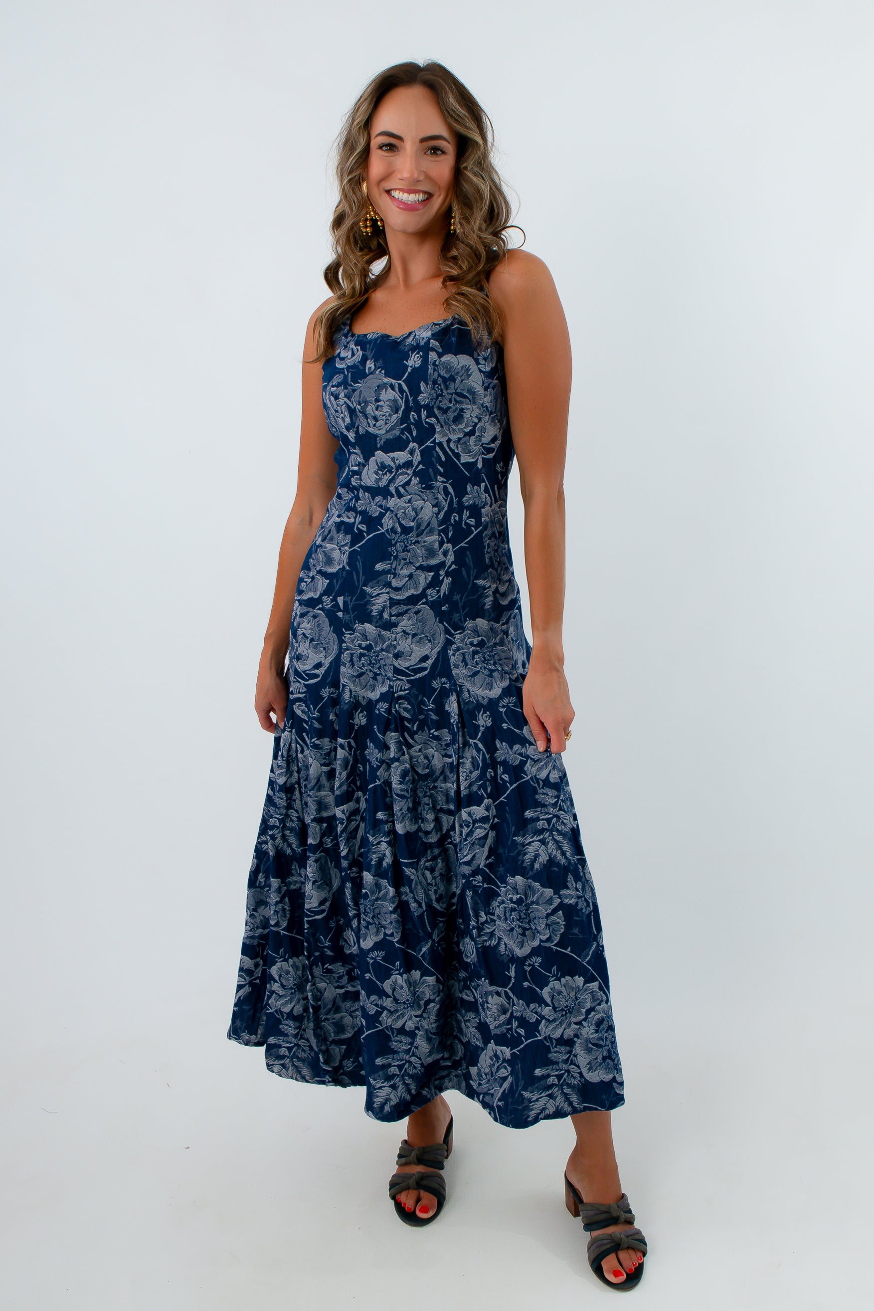 Lightweight fall midi dress with zipper back, floral midi dress, denim midi dress, floral denim dress