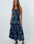 Lightweight fall midi dress with zipper back, floral midi dress, denim midi dress, floral denim dress